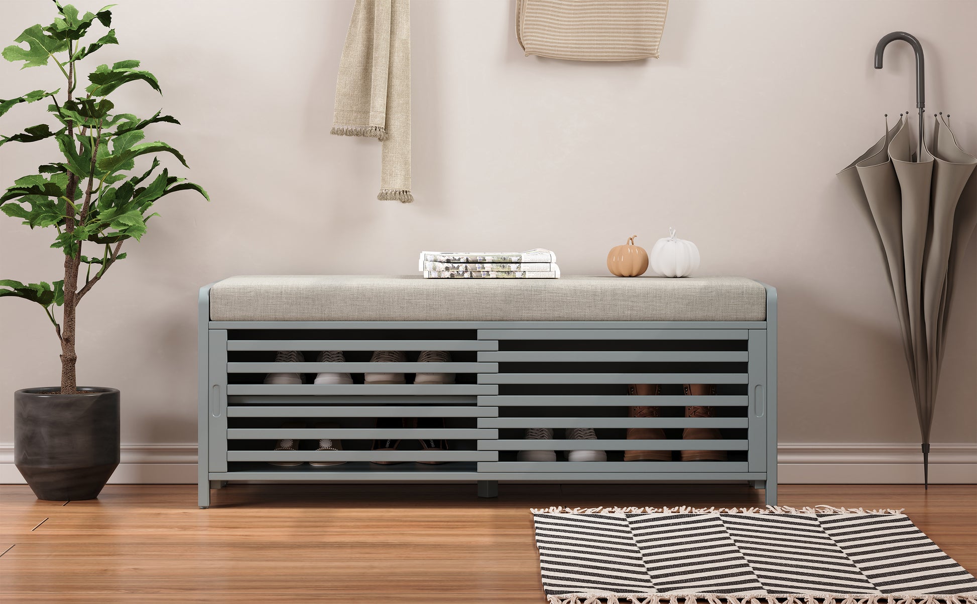 Distressed Shutter Storage Bench With Acacia Veneer For Retro Charm For Living Room, Entryway Grey Grey Mdf