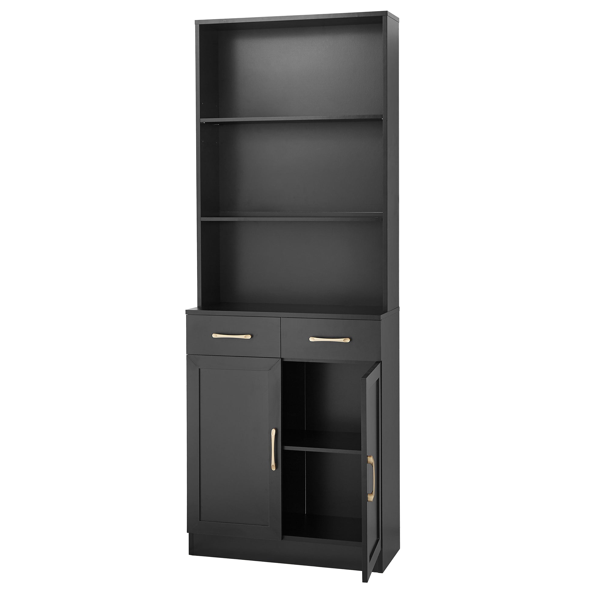 Bathroom Storage Cabinet, Cabinet With Two Doors And Drawers, Adjustable Shelf, Three Layer Open Shelf, Mdf Board, Black Black Mdf