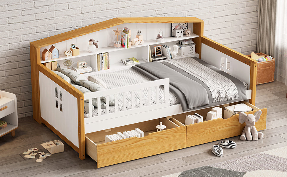 Twin Size House Shape Bed With Two Drawers And Bookcase Headboard Wooden Bed For Girls Boys Teens, No Box Spring Needed, Walnut And White Box Spring Not Required Twin White Walnut Wood Bedroom Cute Pine Bed Frame Wood