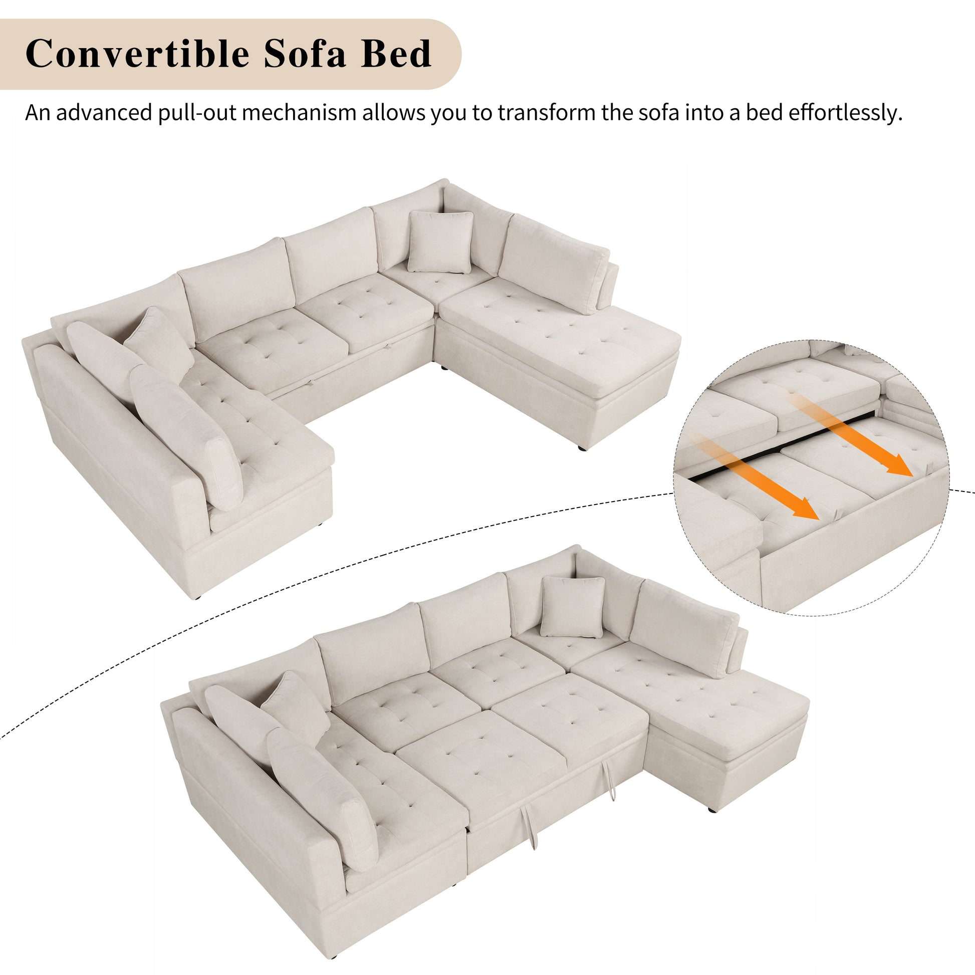 117.3" Oversized Sectional Sofa U Shaped Sofa Couch Pull Out Sofa Bed With Two Throw Pillows For Living Room, Beige Beige Foam Chenille 4 Seat