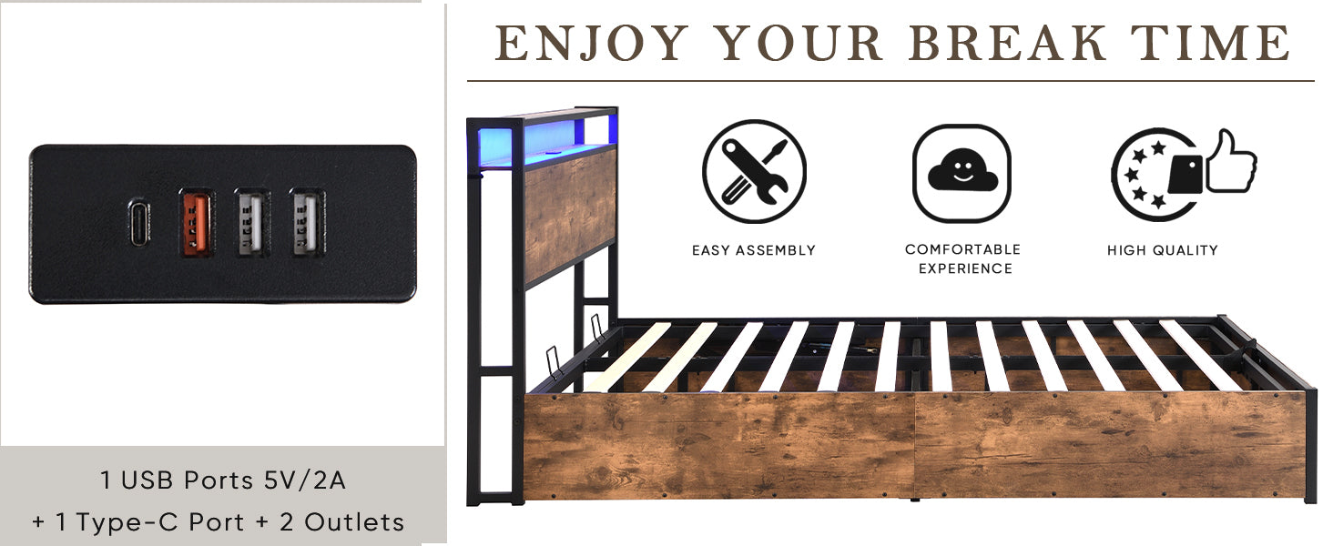 Lift Up Storage Bed Frame, Queen Size Bed Frame With Bookcase Headboard & Led Lights, Wooden Platform Bed Frame With Charging Station, No Spring Box Needed, Rustic Brown Box Spring Not Required Queen Rustic Brown Metal Brown Bedroom Industrial Bed Frame
