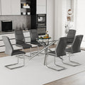 Table And Chair Set.Modern Luxurious Transparent Tempered Glass Dining Table Set With 6 Chairs.Single Fork Silver Metal Table Legs.Dark Gray High Quality Pu Dining Chairs With Silver Metal Legs.