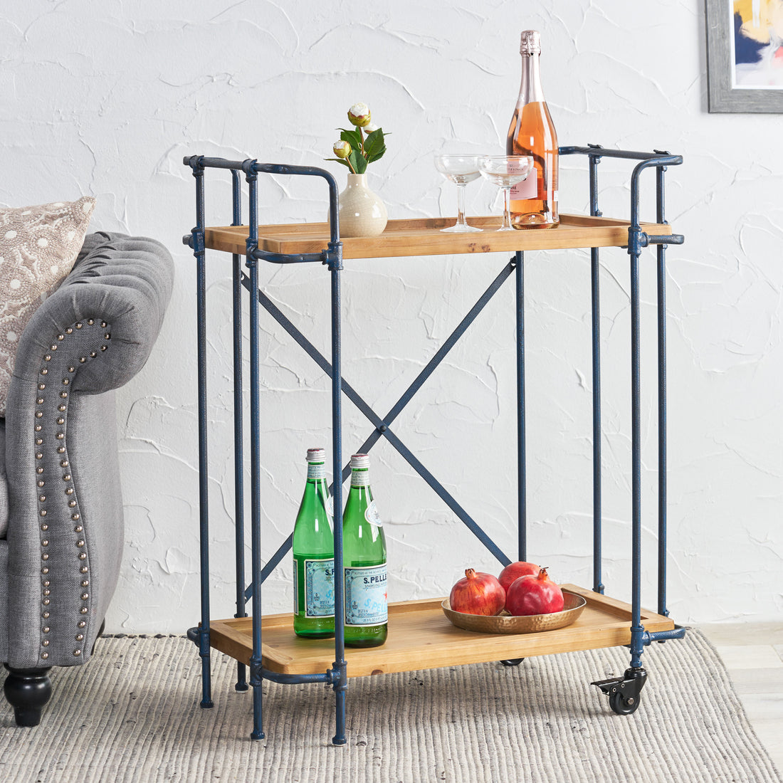 Eden Plummers Pipe Bar Cart Blue Brown Wood Metal