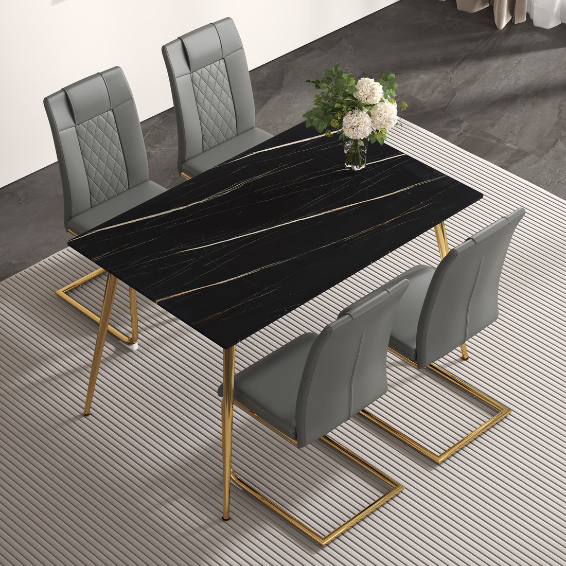 Table And Chair Set. 1 Table With 4 Gray Pu Chairs. Modern Minimalist Rectangular Black Imitation Marble Dining Table, With Golden Metal Legs. Paired With 4 Chairs With Golden Legs.Dt 1544 C001 Black Gold Glass Metal