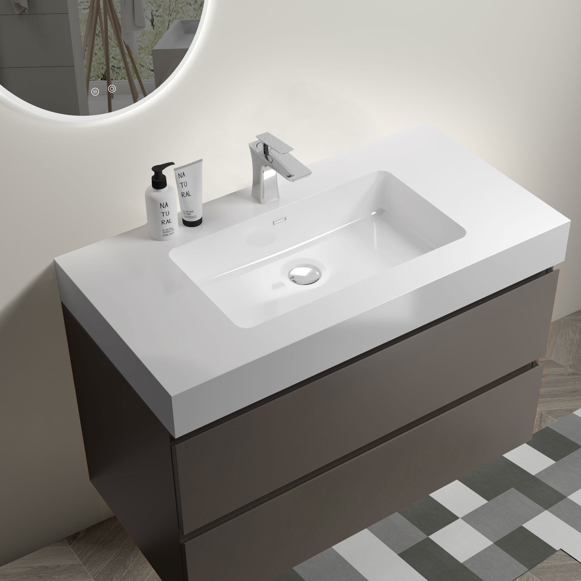 Alice 36" Gray Bathroom Vanity With Sink, Large Storage Wall Mounted Floating Bathroom Vanity For Modern Bathroom, One Piece White Sink Basin Without Drain And Faucet, Pre Assembled Gray Bathroom Modern Particle Board