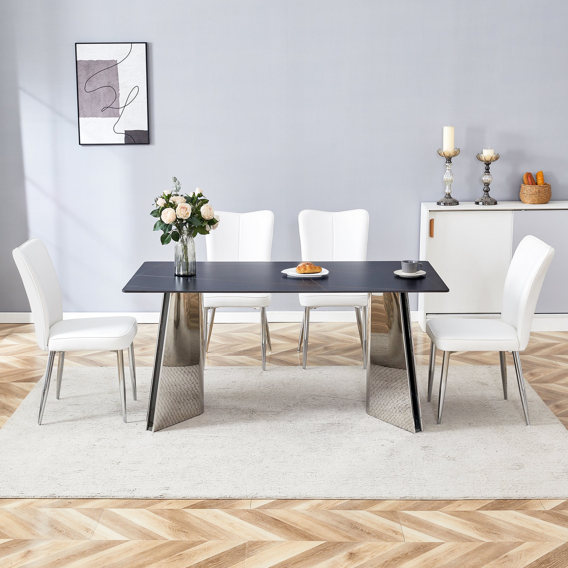 Table And Chair Set.63"X31.5X30" Black Marble Patterned Slabs Tabletop With Stainless Steel Butterfly Legs.Paired With 4 White Pu Dining Chairs With A Vertical Stripe Design On The Backrest. White