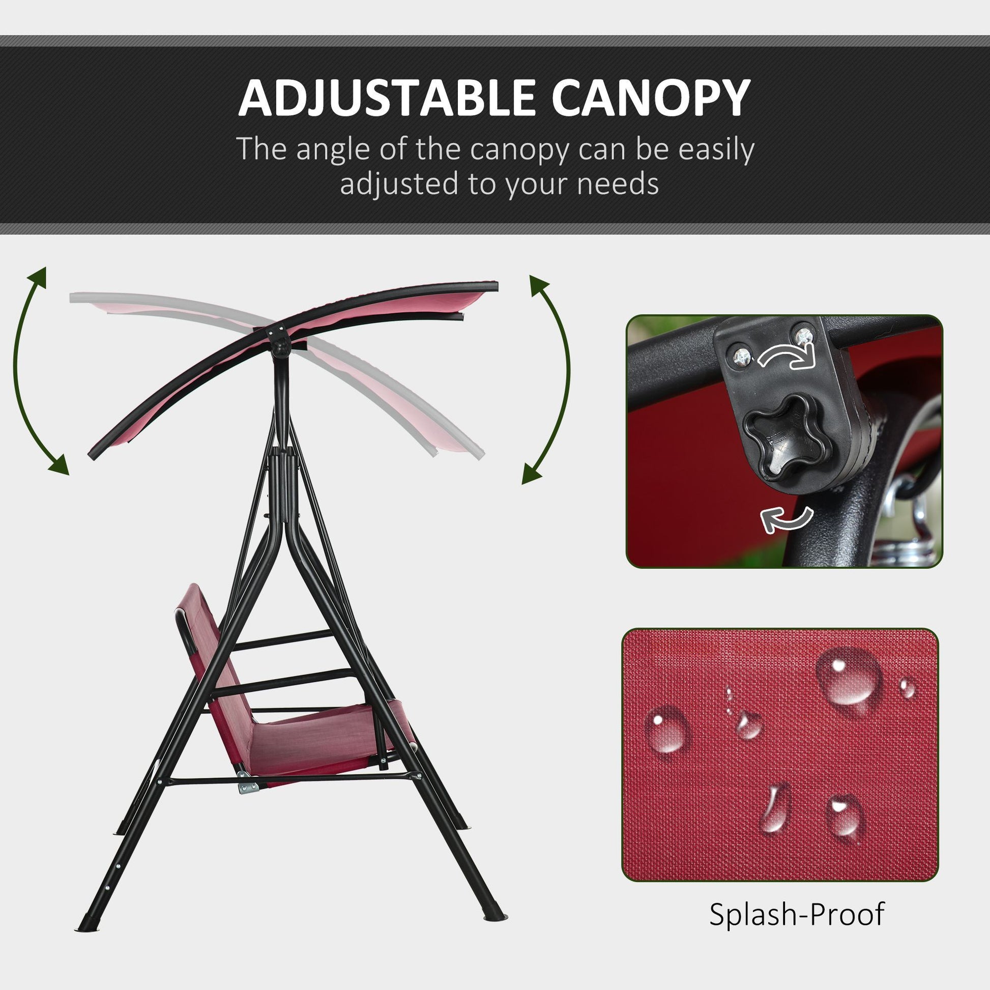 Outsunny 3 Person Porch Swing Bench With Stand & Adjustable Canopy, Armrests, Steel Frame For Outdoor, Garden, Patio, Porch & Poolside, Wine Red Red Steel