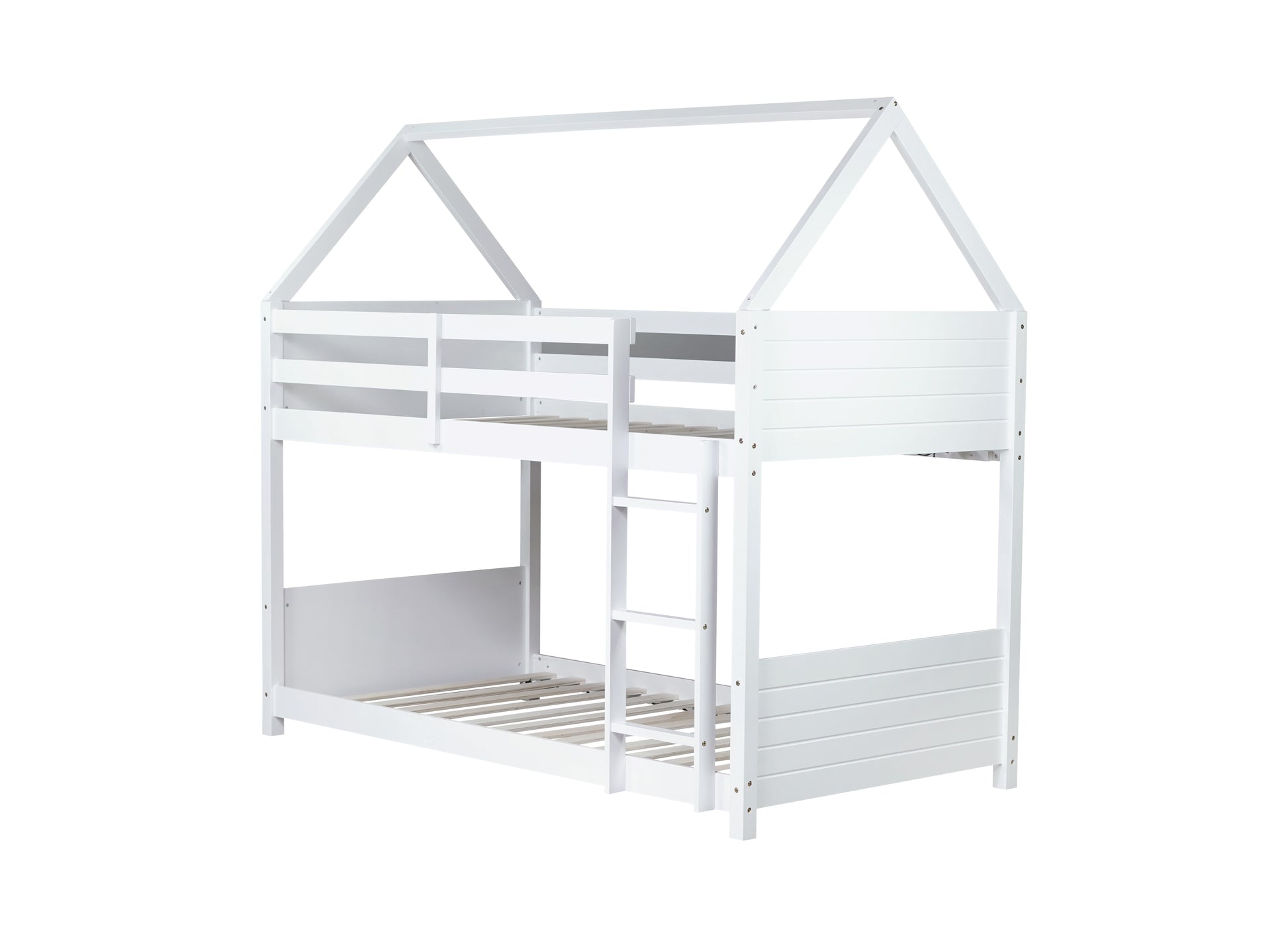 Twin Over Twin House Floor Bunk Bed With Headboards, Footboards And Guardrails, Ladder, Rubber Wood Bunk Bed With Safety Guardrails,White Twin White Rubber Wood