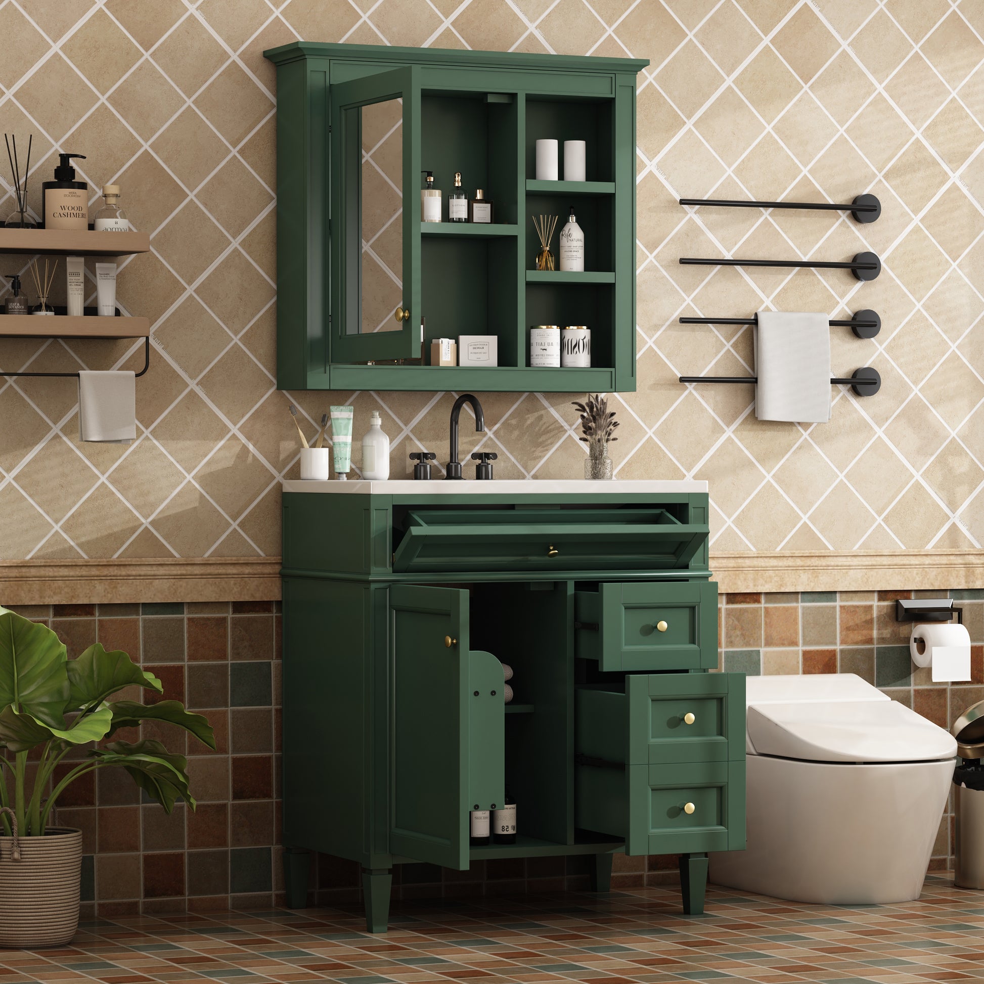 30'' Bathroom Vanity With Top Sink, Modern Bathroom Storage Cabinet With 2 Drawers And A Tip Out Drawer, Freestanding Vanity Set With Mirror Cabinet, Single Sink Bathroom Vanity 3 Green 2 4 Adjustable Hinges Bathroom Freestanding Solid Wood Mdf Resin