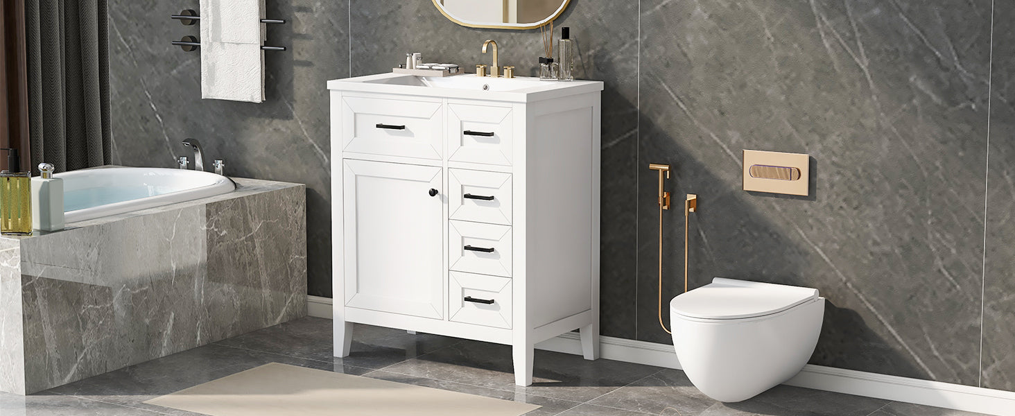 30" Bathroom Vanity With Sink Combo, White Bathroom Cabinet With Drawers, Solid Frame And Mdf Board White Solid Wood Mdf