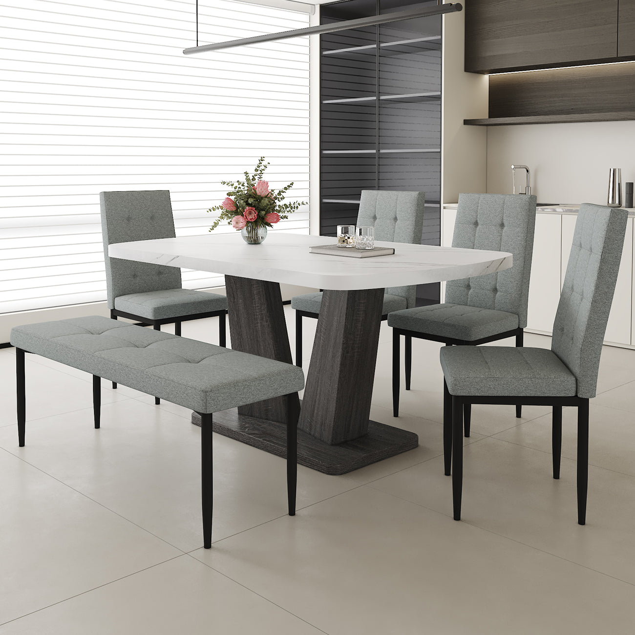 63" Modern Style 6 Piece Dining Table With 4 Chairs & 1 Bench, Table With Marbled Veneers Tabletop And V Shaped Table Legs White Metal Grey White Modern Rectangular Mdf Mdf