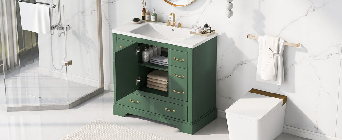 36" Bathroom Vanity With Sink Combo, Six Drawers, Multi Functional Drawer Divider, Adjustable Shelf, Green Green Solid Wood Mdf