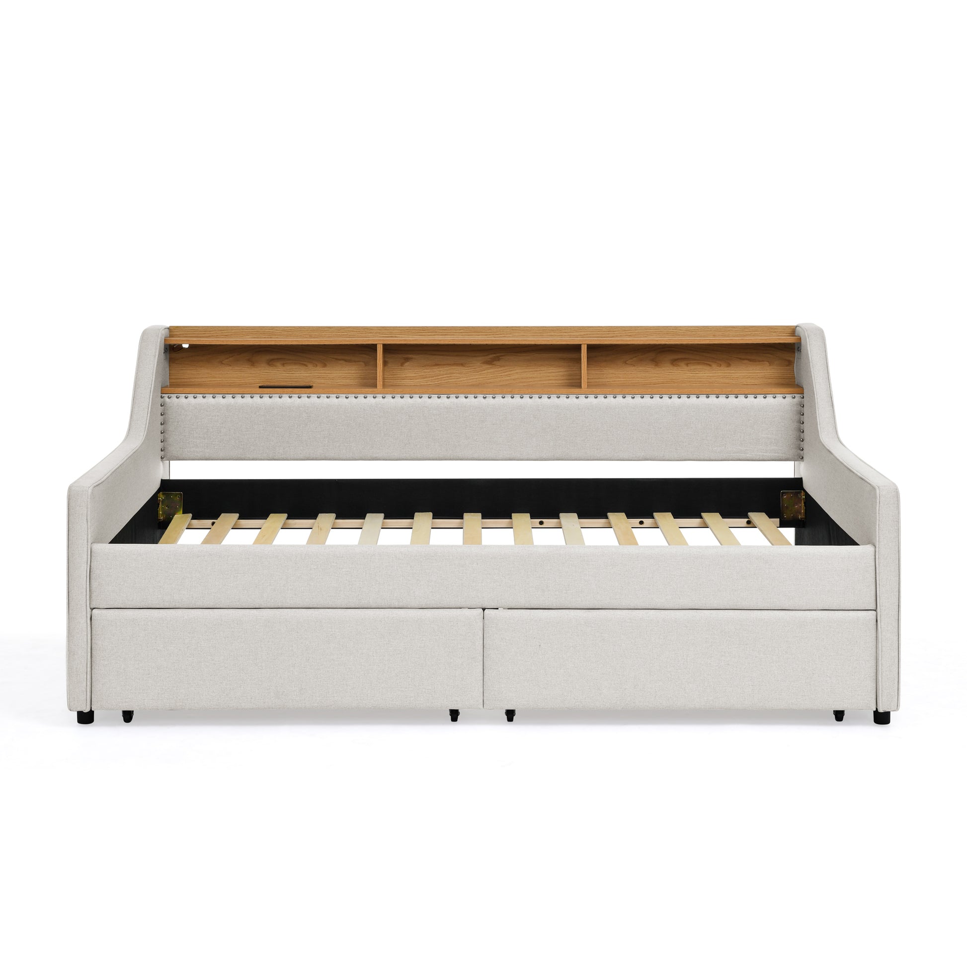 Twin Size Upholstery Sofa Bed With Three Led Lights, With Storage Adjustable Headboard, With Two Storage Pull Up Drawers And Wireless Charging, Linen Padded Sofa Bed Frame, Beige Box Spring Not Required Twin Beige Composite Bedroom Classic Eucalyptus