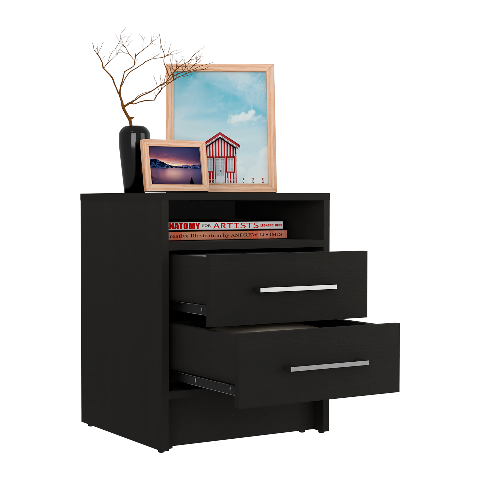 Greter 24" Two Drawer Night Stand With Open Shelf Black 2 Drawers Bedroom Rectangle Modern Particle Board