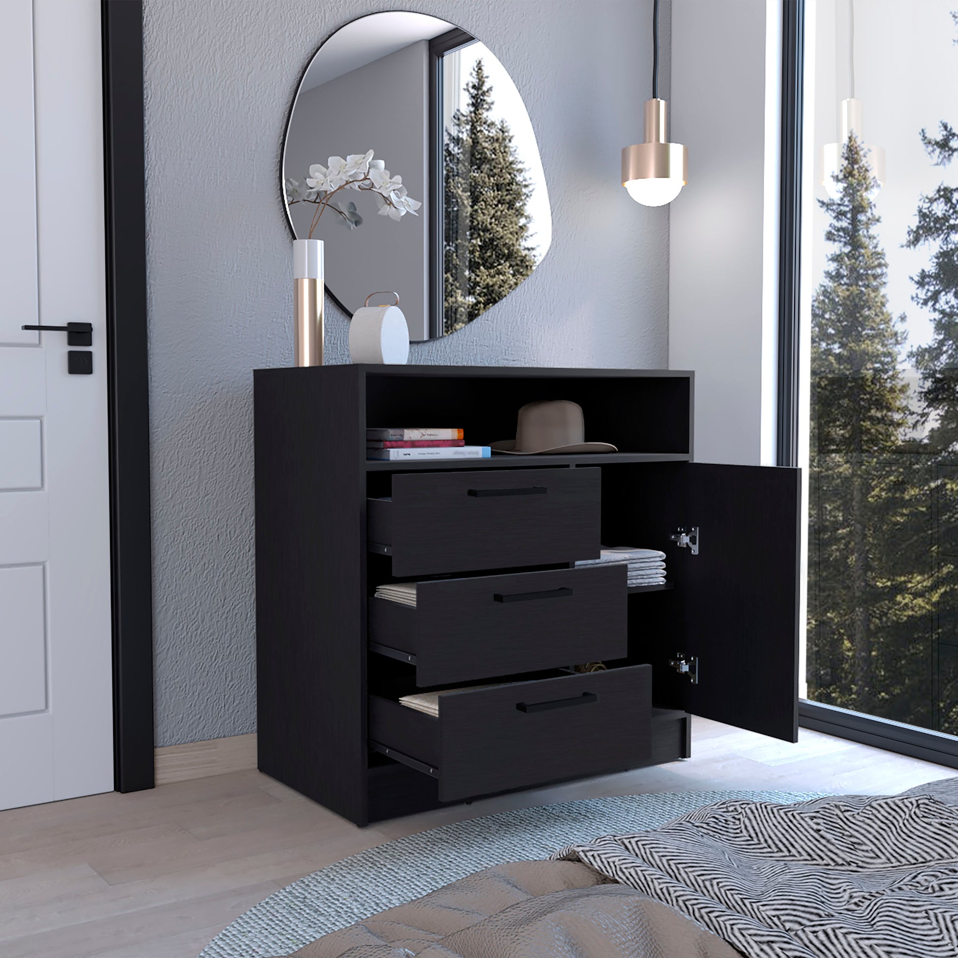 Omaha Dresser Multi Storage Compact Unit With Spacious 3 Drawers And Cabinet Black Black Particle Board