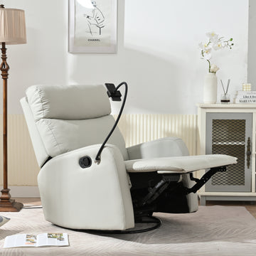 Rocking Recliner Chair,360 Degree Swivel Nursery Rocking Chair,Glider Chair,Modern Small Rocking Swivel Recliner Chair For Bedroom,Living Room Chair Home Theater Seat,Phone Holder Light Gray Solid Light Brown Primary Living Space Push Button Rubberwood