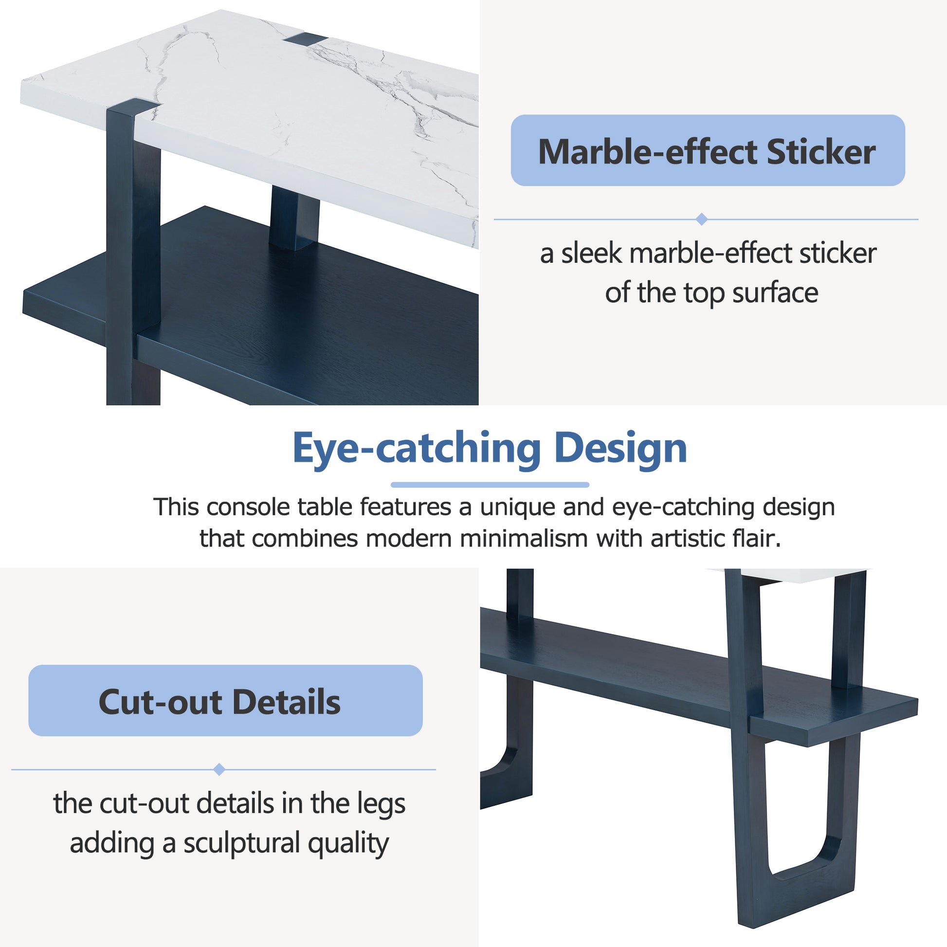 Retro Elegant Console Table With Marble Effect Top And Versatile Storage Solutions For Entryway And Living Room Navy Navy Solid Wood Mdf