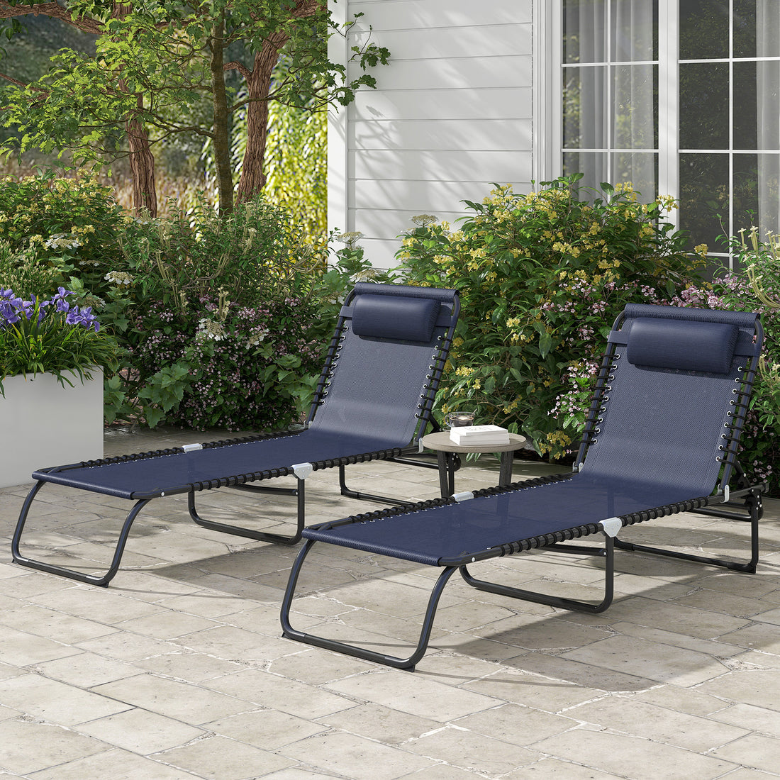 Outsunny Folding Chaise Lounge Pool Chair Set Of 2, Patio Sun Tanning Chair, Outdoor Lounge Chair W Reclining Back, Pillow,Mesh & Bungee Seat For Beach, Dark Blue Blue Steel