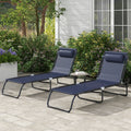 Outsunny Folding Chaise Lounge Pool Chair Set Of 2, Patio Sun Tanning Chair, Outdoor Lounge Chair W Reclining Back, Pillow,Mesh & Bungee Seat For Beach, Dark Blue Blue Steel