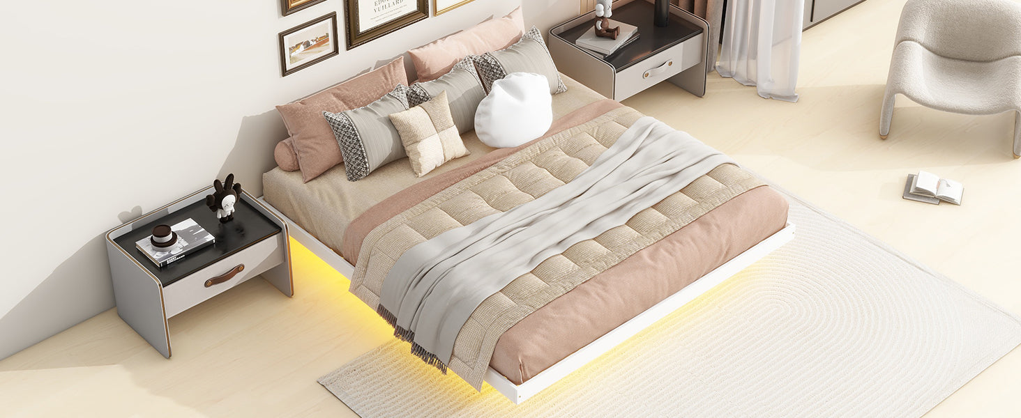 King Size Floating Bed With Led Lights Underneath,Modern King Size Low Profile Platform Bed With Led Lights,White King White Wood Bedroom American Design Pine Bed Frame Pine