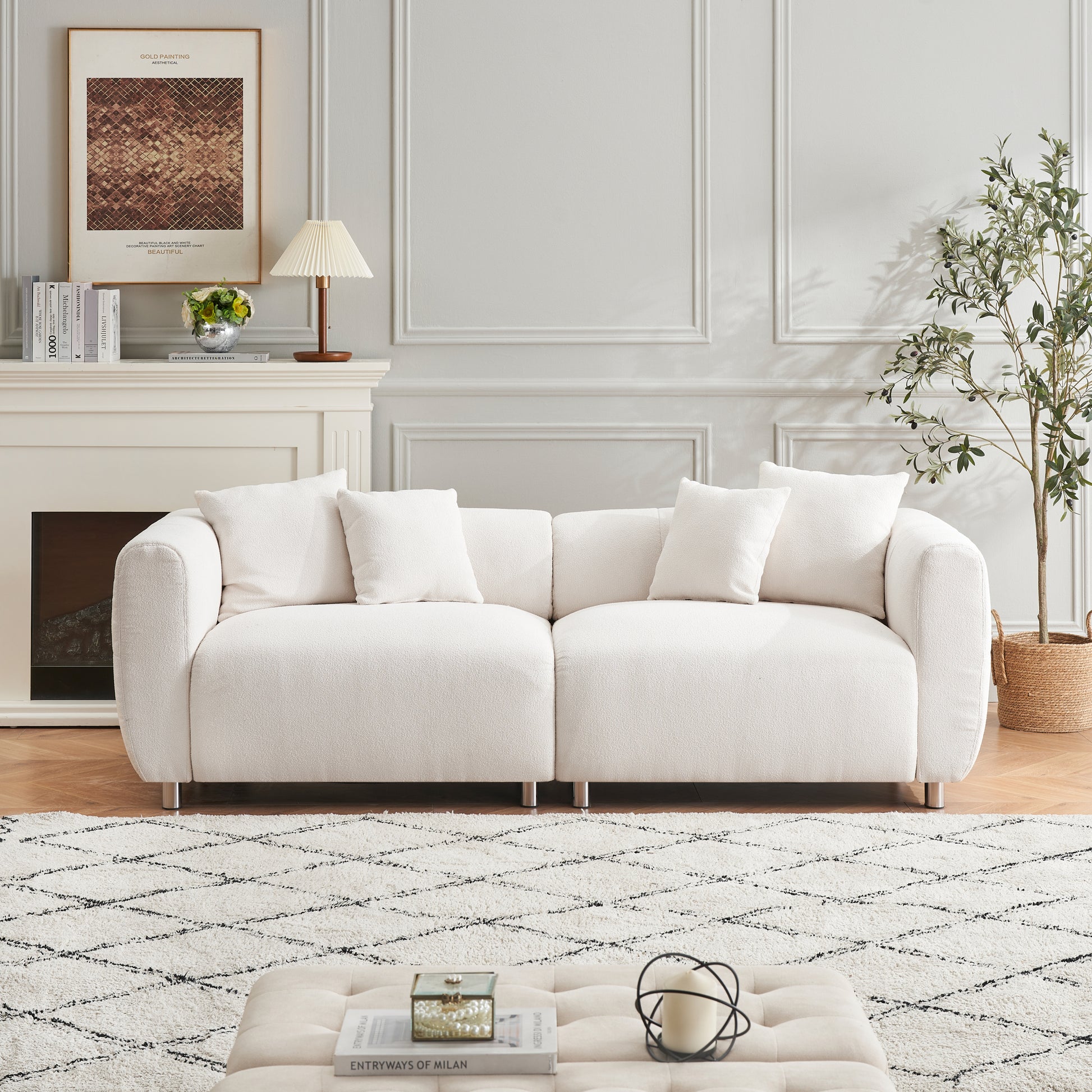 89 Inch Sofa For Living Room, Fashion Sofa With Metal Legs, 3 Seater Sofa, Solid Wood Frame Couch With 4Pillows, For Apartment Office Living Room White Beige Cotton Linen,Teddy 3 Seat