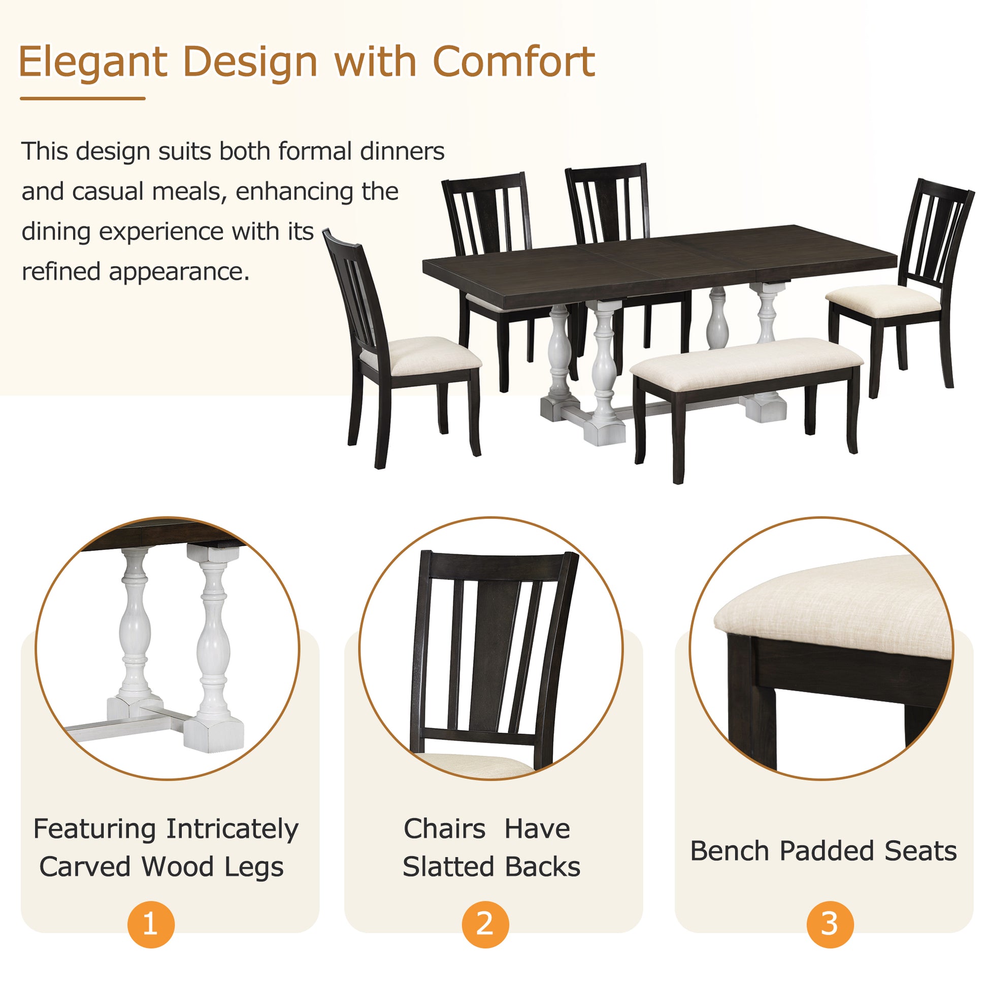 Traditional 6 Piece 78Inch Trestle Extendable Dining Table Set With One 18Inch Removable Leaf, Padded Dining Chairs And Bench,Distressed White Brown Wood Dining Room Solid Wood Rubberwood Rectangular Dining Table With Chair And Bench Upholstered Chair