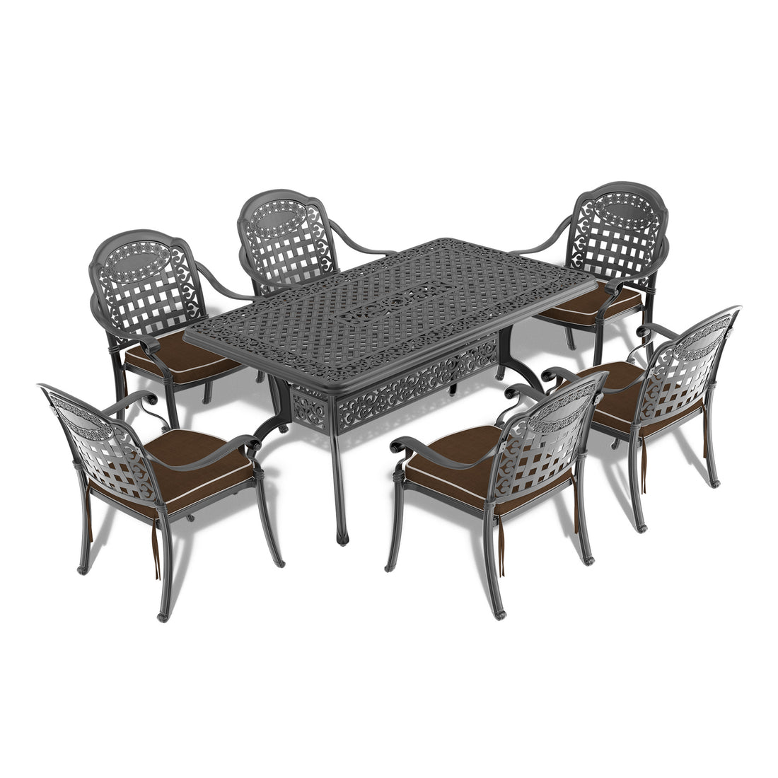 Cushions In Random Colors 7 Piece Set Of Cast Aluminum Patio Furniture With Cushions Yes Dining Set Black Seats 6 Rust Resistant Frame Water Resistant Cushion Garden & Outdoor Complete Patio Sets Aluminium
