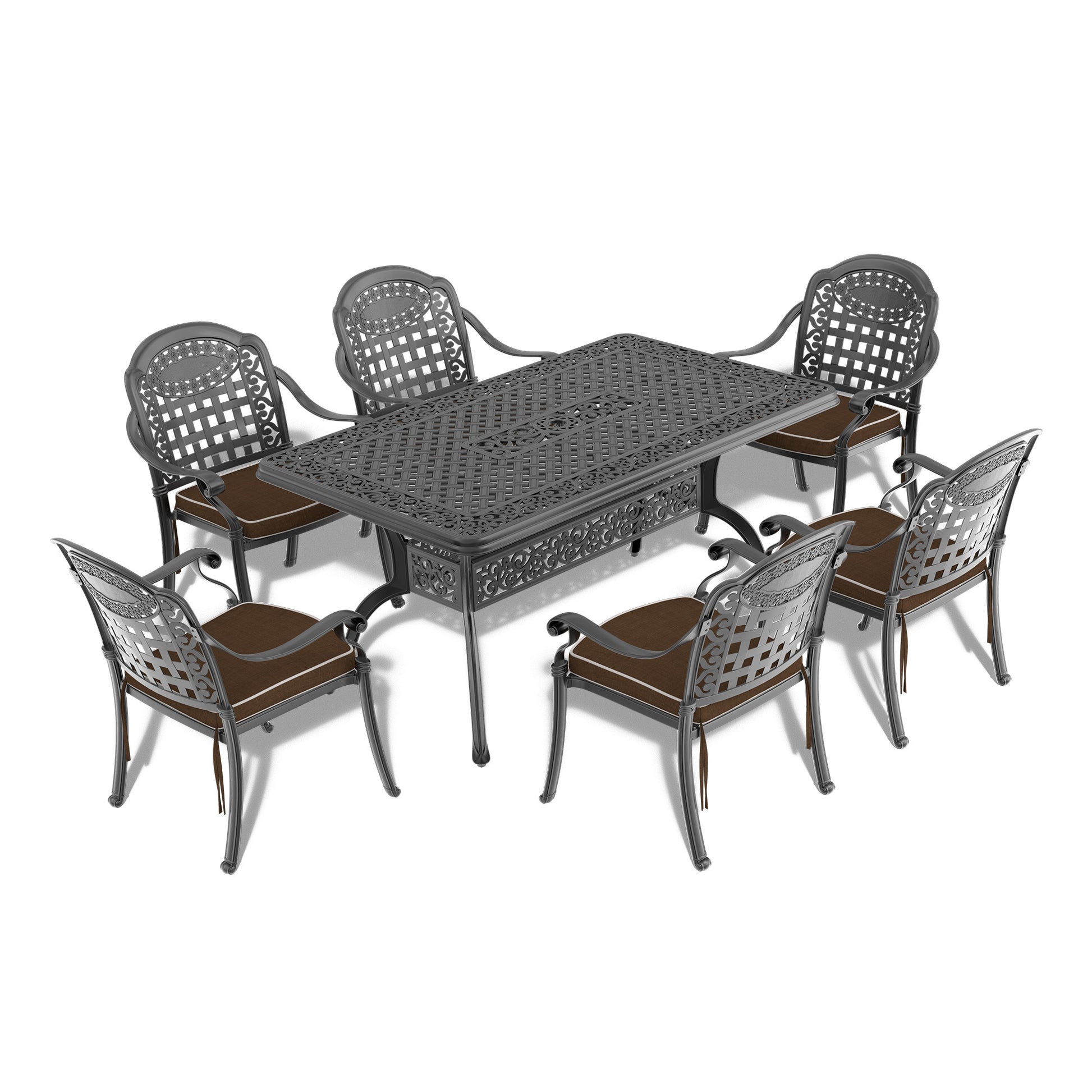 Cushions In Random Colors 7 Piece Set Of Cast Aluminum Patio Furniture With Cushions Yes Dining Set Black Seats 6 Rust Resistant Frame Water Resistant Cushion Garden & Outdoor Complete Patio Sets Aluminium
