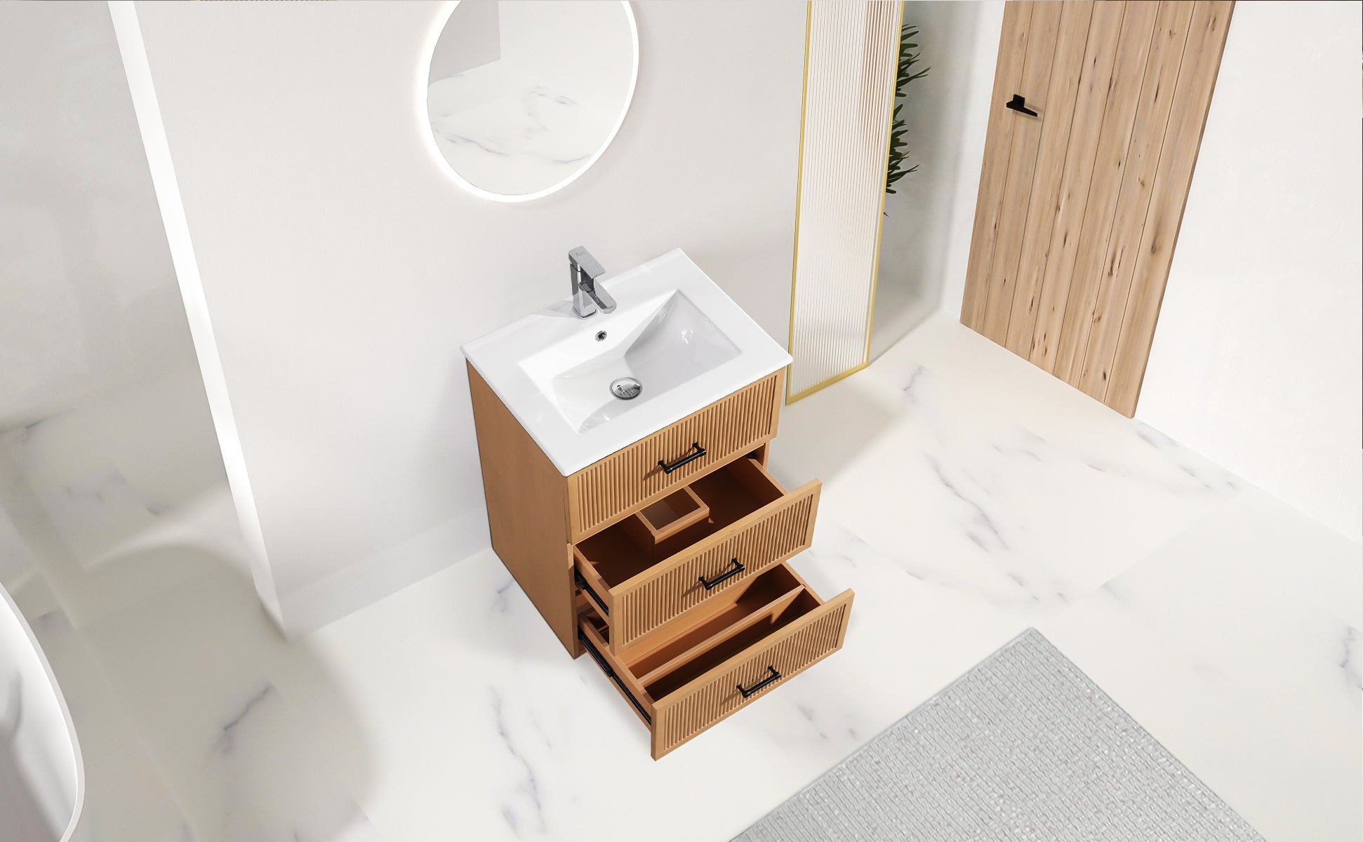 24 Inch Bathroom Vanity With Ceramic Sink Set, Modern Freestanding Bathroom Storage Cabinet With 2 Drawers, Floor Standing Bath Vanity Combo, Light Brown Light Brown Mdf