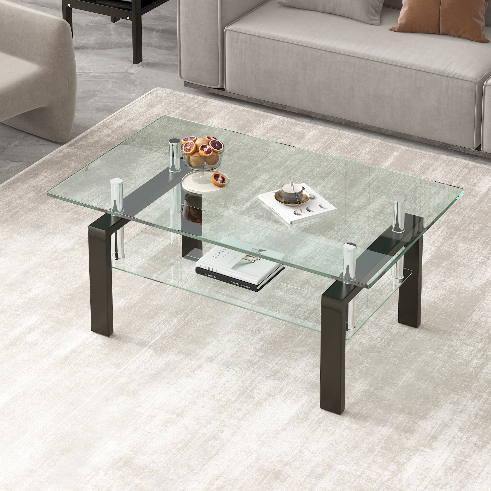 Transparent Tempered Glass Coffee Table, 2 Layer Storage Tea Table, Clear Center Table Clear Tempered Glass