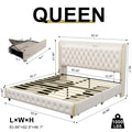 Queen Size Bed Frame With 4 Drawers, Star Projector Galaxy Light, Wingback Upholstered Headboard With Diamond Button, Usb Charger And Music Speaker, Pu Leather Cream Mdf Metal