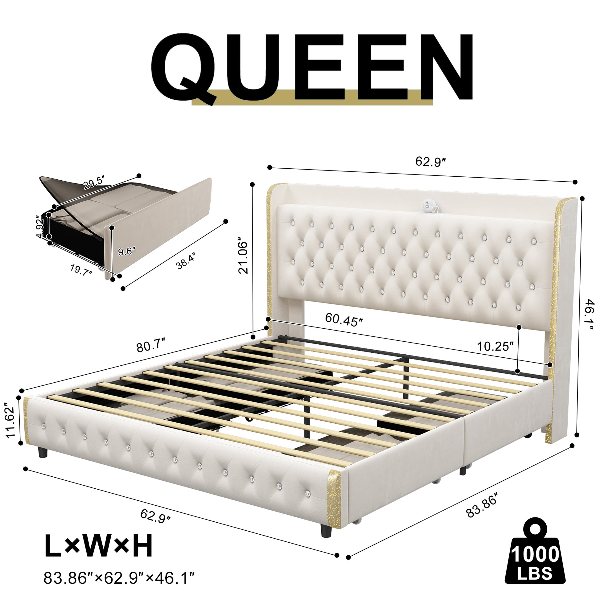 Queen Size Bed Frame With 4 Drawers, Star Projector Galaxy Light, Wingback Upholstered Headboard With Diamond Button, Usb Charger And Music Speaker, Pu Leather Cream Mdf Metal