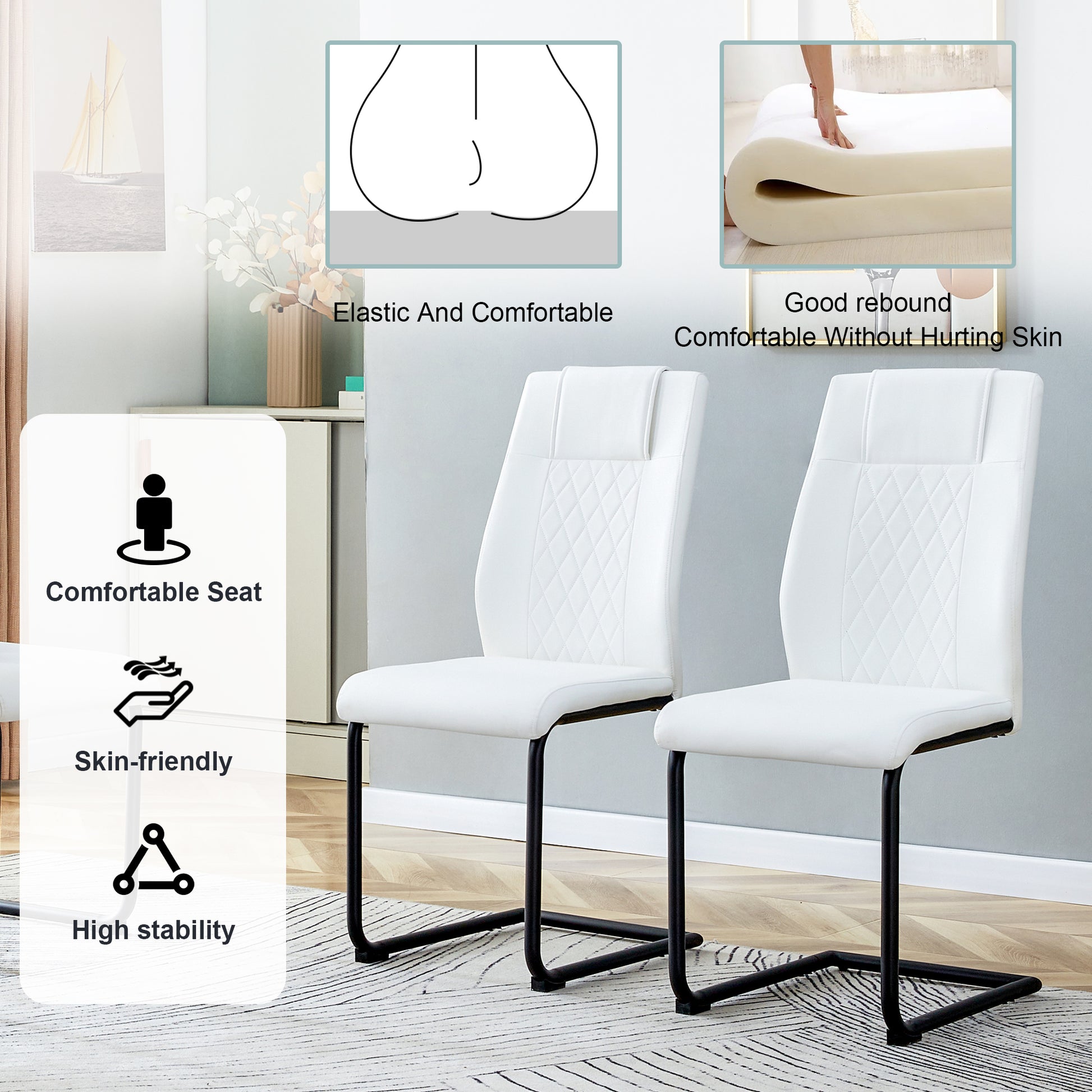 Table And Chair Set.Modern Rectangular Glass Dining Table With 0.39" Tempered Glass Tabletop And Black Metal Legs.Paired With Multiple Chairs Designed With Pu Cushions And Black Metal Legs. White Black Seats 6 Tempered Glass