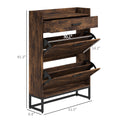 Homcom Narrow Shoe Cabinet With 2 Flip Doors And Top Drawer, Brown Rustic Brown Particle Board