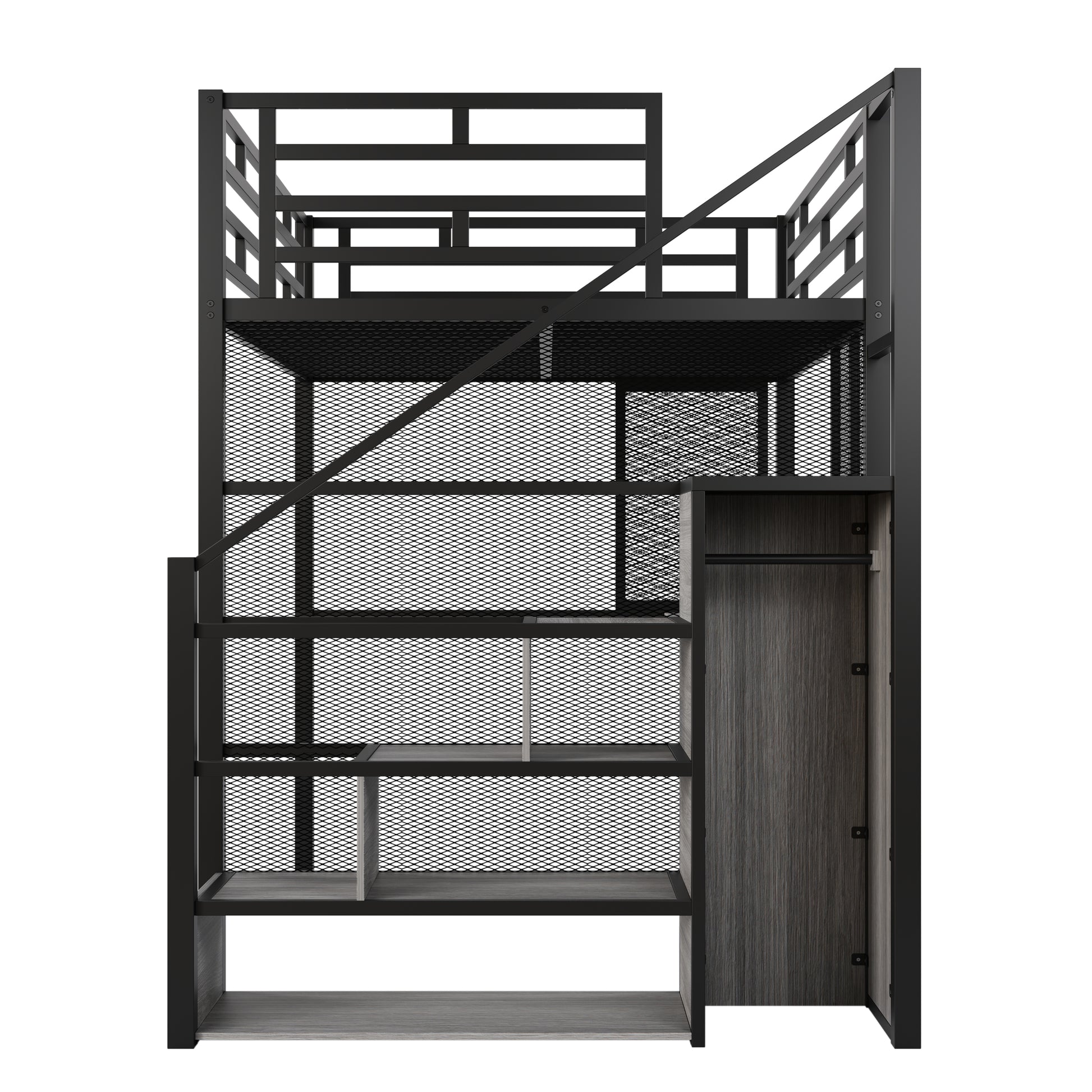 Full Size Metal Loft Bed With Wardrobe, Desk, Storage Shelves, Black Expected Arrival Time: 10.3 Box Spring Not Required Full Black Metal Mdf Metal