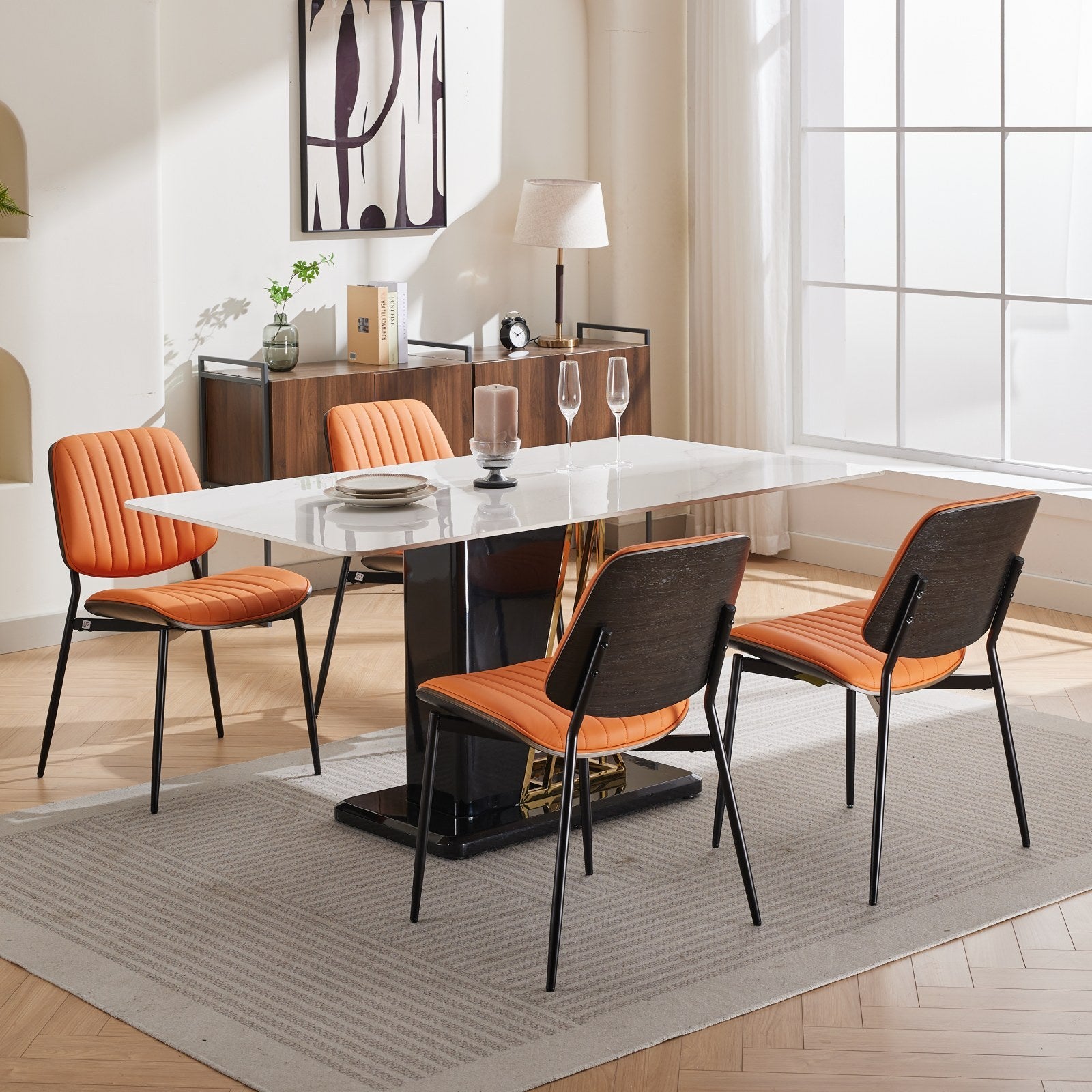 Dining Chairs Set Of 2 Mid Century Modern Retro Faux Leather Chair With Walnut Bentwood Back Upholstered Seat Metal Legs Adjustable Foot For Kitchen Dining Room Chairs Orange Pu Orange Dining Room Classic Set Of 2 Foam Pu Leather
