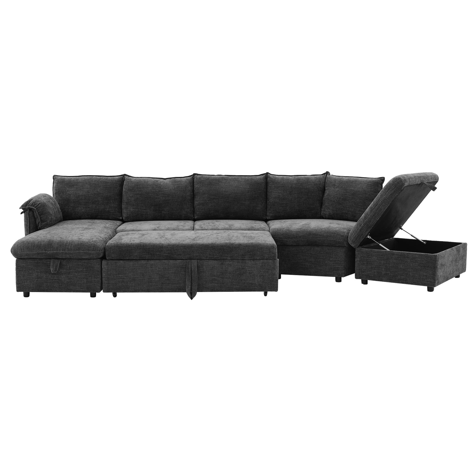 146.9" L Shaped Sofa Sectional Sofa Couch Pull Out Sofa Bed With A Movable Storage Ottoman, A Storage Chaise Lounge And Two Usb Ports For Living Room, Grey Grey Foam Linen 5 Seat