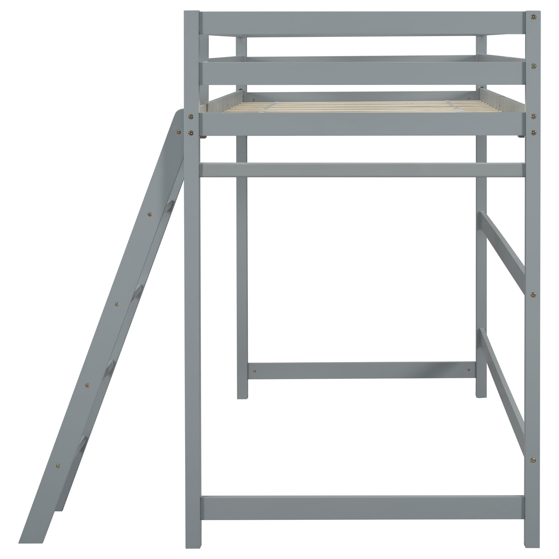 Twin Size High Loft Bed With Inclined Ladder, Guardrails,Grey Twin Grey American Design Pine