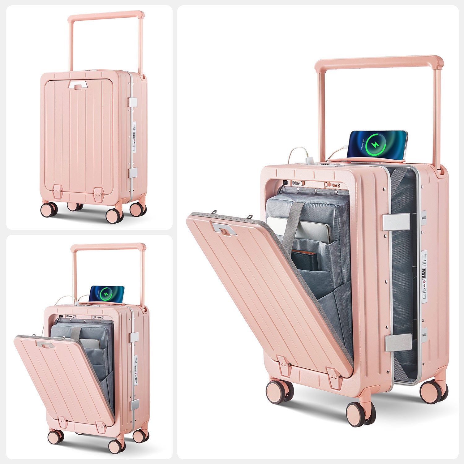 Aluminum Frame 20 Inch With Front Open Carry On Luggage, Pc Hard Shell Suitcase, Bounce Wide Handle Pull Rod Luggage With 360 Double Wheels, Built In Tsa Lock, Airline Approved Suitcase For Business Pink Pc