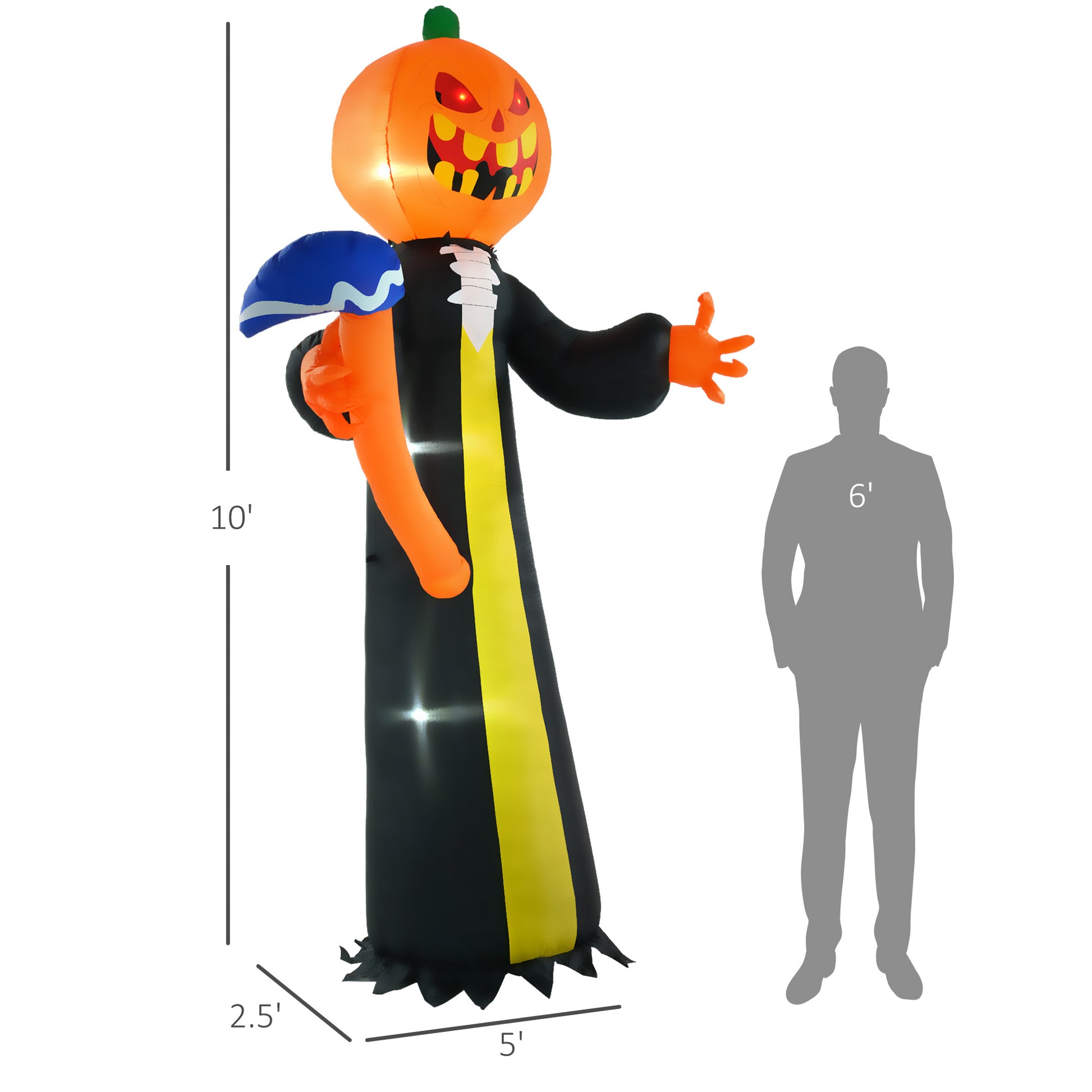 Outsunny 10Ft Inflatable Halloween Pumpkin Head Ghost With Hammer, Blow Up Halloween Decoration Outdoor Led Yard Display, Waterproof Black Polyester