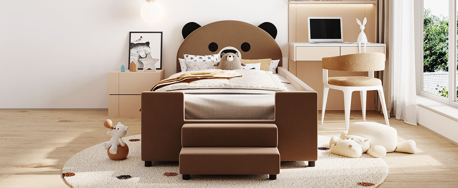 Twin Size Upholstered Daybed With Bear Shaped Headboard, Hydraulic System Andmesh Fence, Brown Brown Velvet