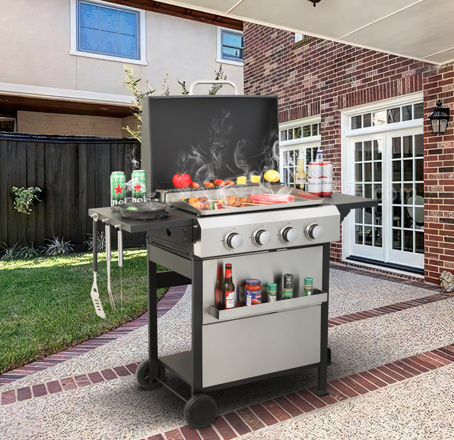 4 Burner Propane Gas Bbq Grill, Ss Plancha, 49200Btu Output With Wire Enamel Cooking Grids For Outdoor Barbecue, Foldable Side Table, Hanging Basket, Stainless Steel Black Silver Garden & Outdoor