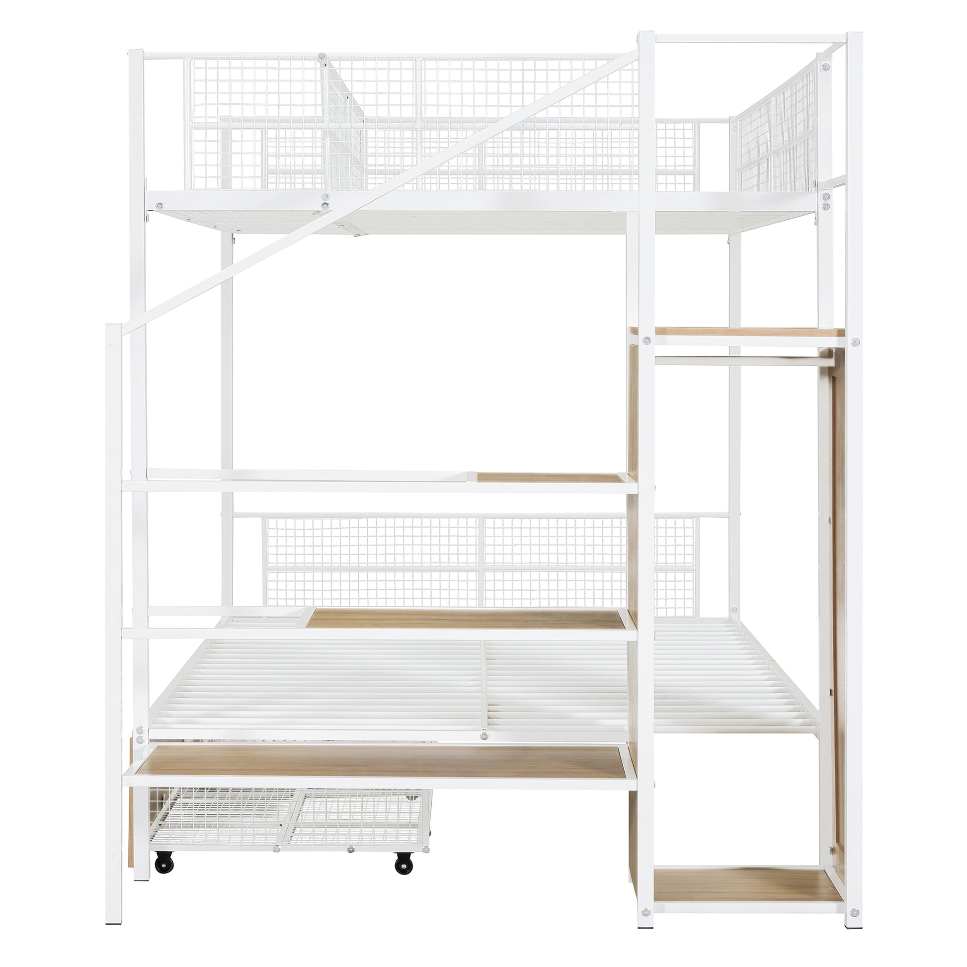 Twin Over Full Metal Bunk Bed With Drawer And Lateral Storage Ladder And Wardrobe, White White Metal