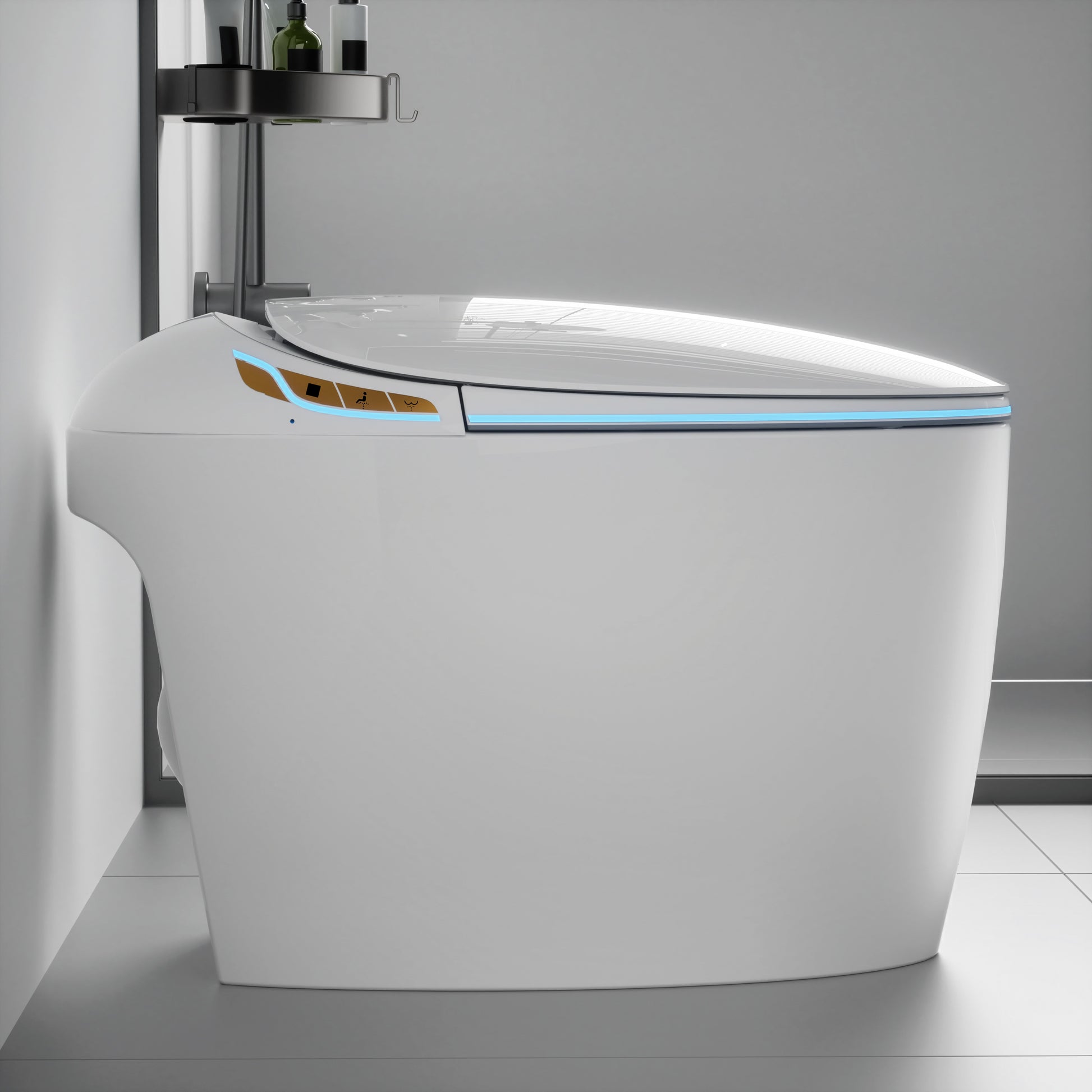 Unique Smart Toilet With Bidet Built In, Intelligent One Piece Toilet For Modern Bathroom, Auto Open Close Seat, Foot Sensor, Led Display,Night Light, Warm Water & Dryer,White White Bathroom