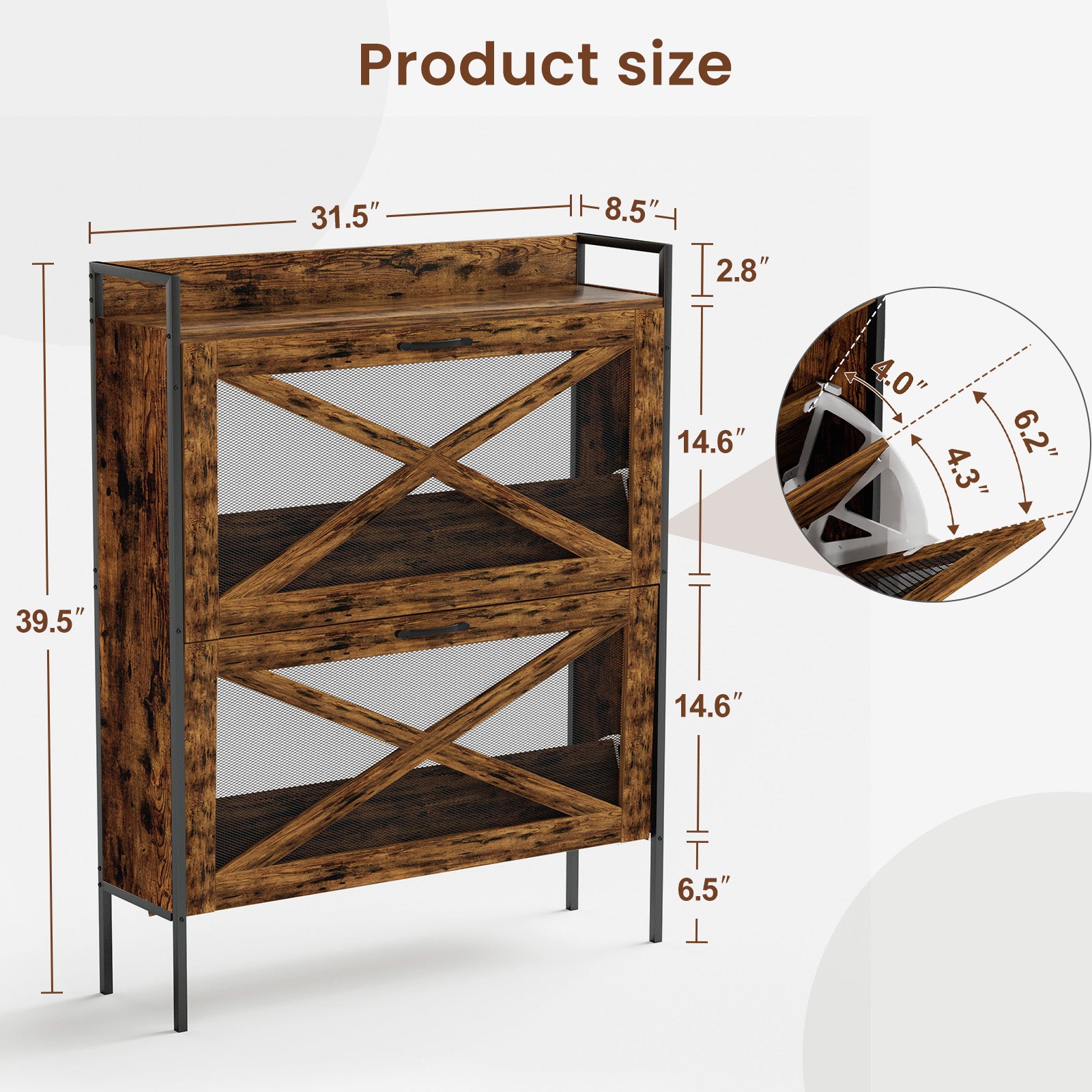 A Shoe Cabinet With 2 Flip Top Drawers, An Entryway Shoe Cabinet, A Narrow Standalone Shoe Rack Cabinet With Metal Legs, Rustic Brown,31.5'' W X 8.5'' D X 39.5'' H. Rustic Brown Particle Board