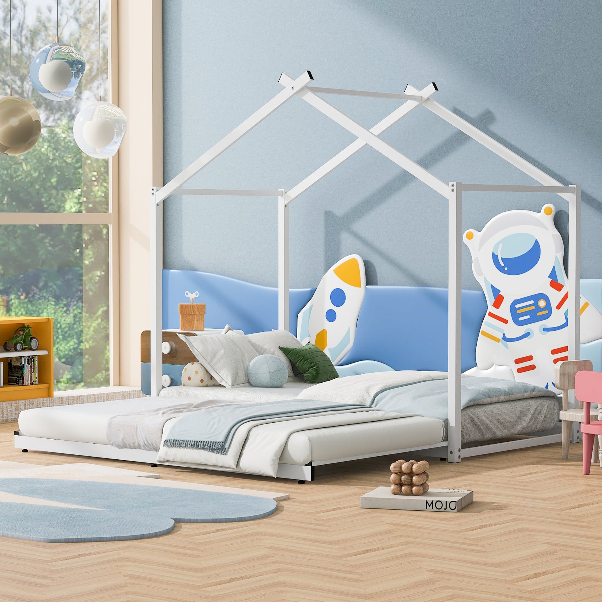 Metal Twin Size House Platform Bed With Trundle, White Box Spring Not Required Twin White Metal Bed Frame Metal