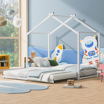 Metal Twin Size House Platform Bed With Trundle, White Box Spring Not Required Twin White Metal Bed Frame Metal
