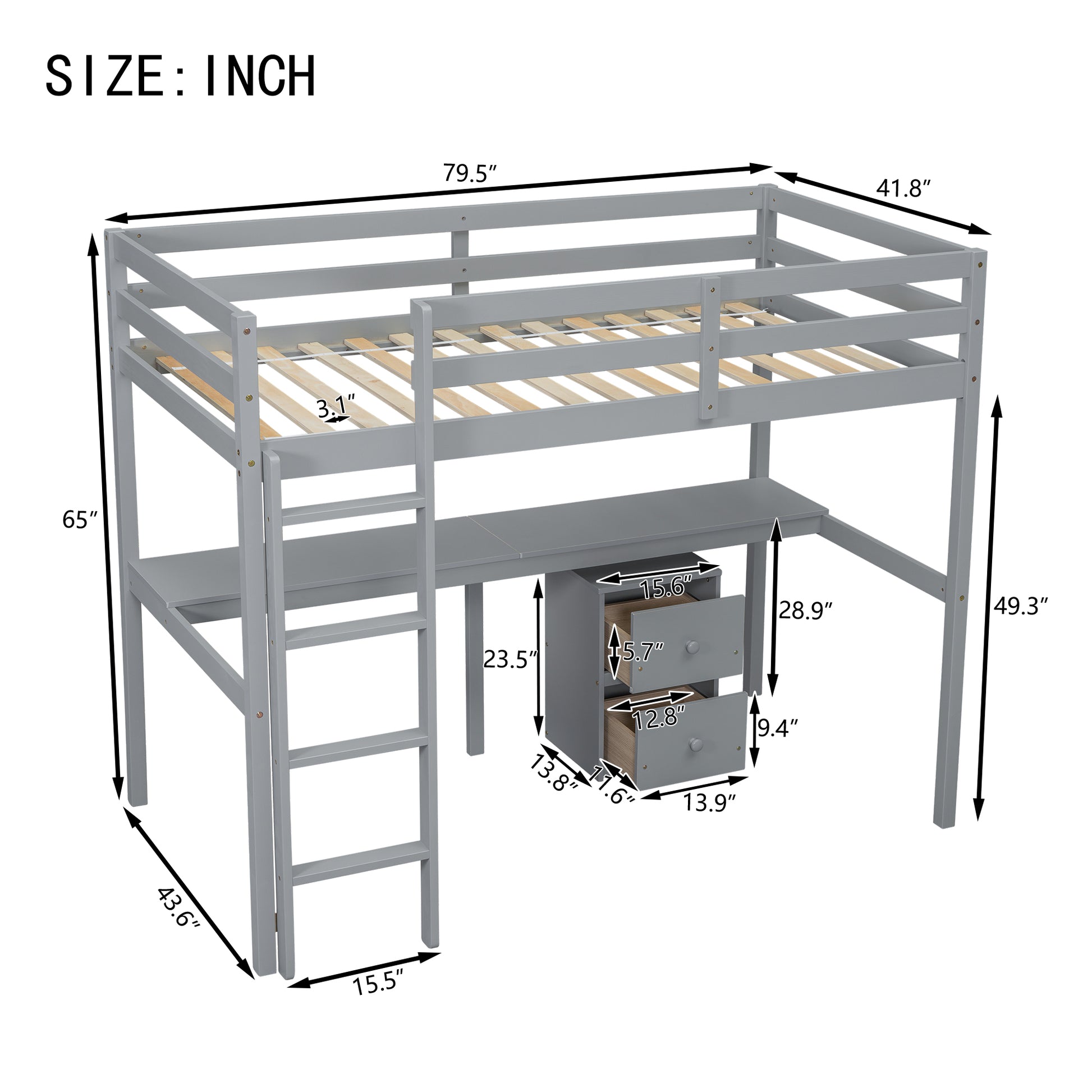 Twin Loft Wood Bed With Under Bed, Built In Desk, A Storage Cabinet Of 2 Drawers, Guardrails, Ladder,Grey Twin Grey Pine