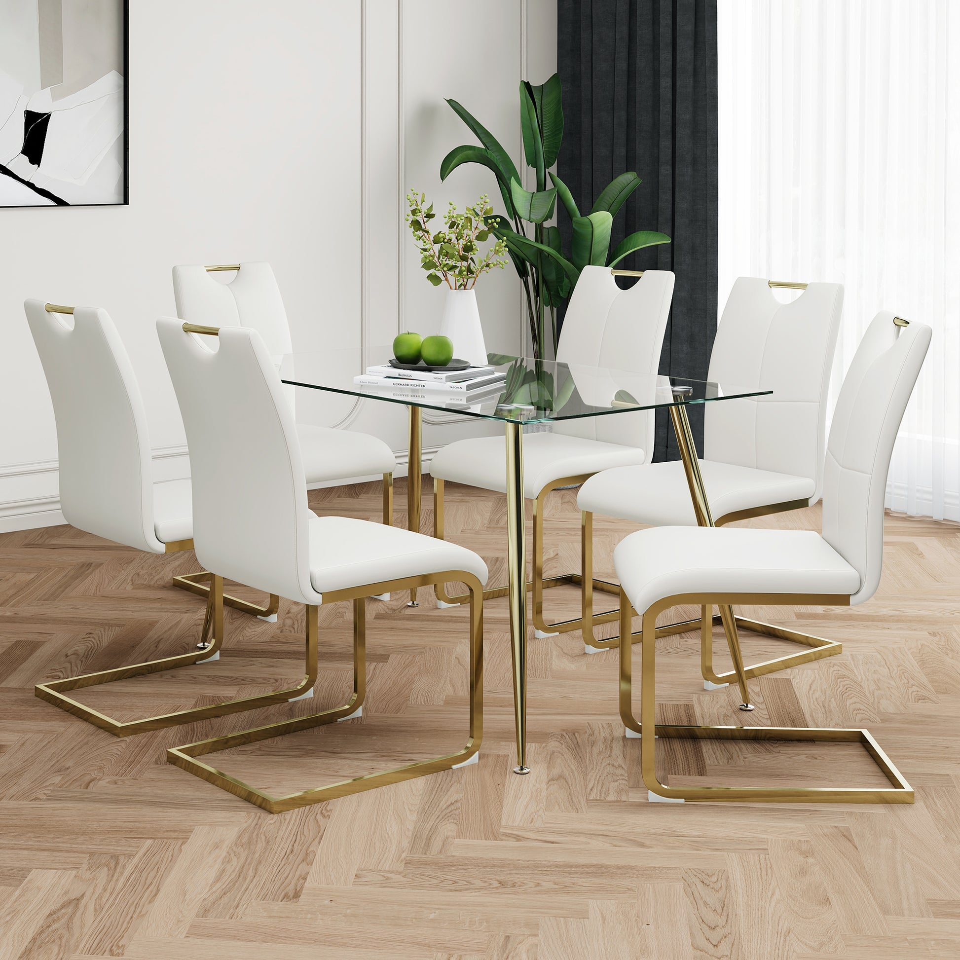 Modern Simple Rectangular Glass Dining Table, Wear Resistant Tempered Glass Countertop, Gold Plated Legs, White Pu Dining Chair Set, Suitable For Restaurant Kitchen Use Set Of 7 Upholstered Chair