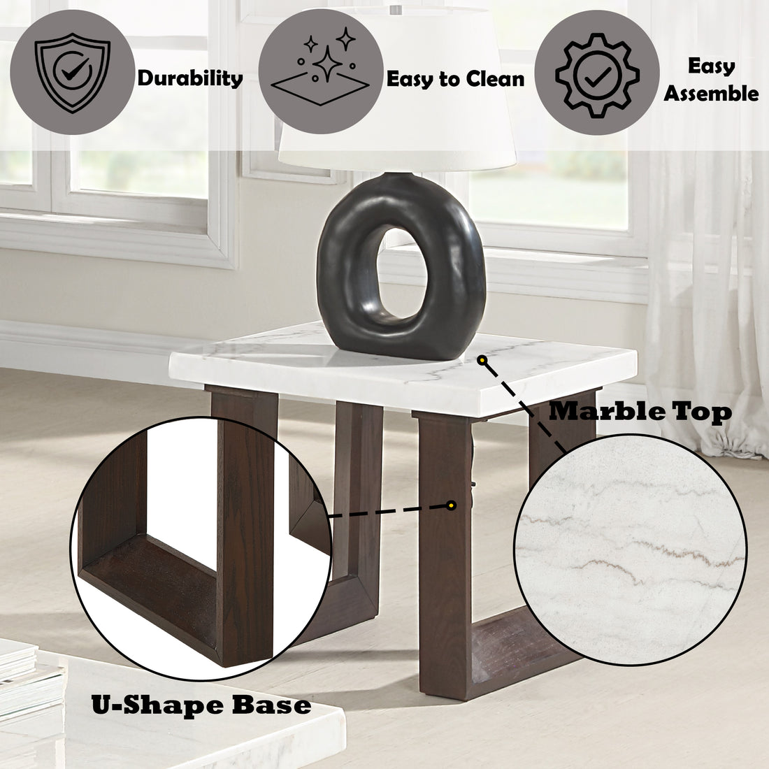 Edwyn End Table W Marble Top, Natural Marble Top & Espresso Finish Lv03206 White Wood